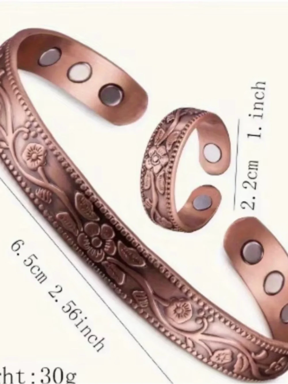 Embossed Floral Copper Magnetic Cuff Bracelet with matching Ring Set